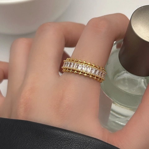 Baguette Cut Zircon Adjustable Open Ring Brass Gold Plated Geometric Fashion Jewelry For Women Elegant Temperament Accessory