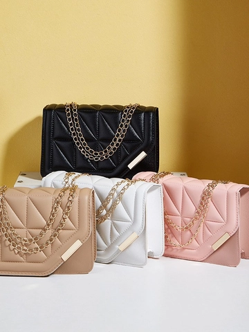 Quilted Crossbody Bag For Women PU Leather Rhombic Pattern Gold Chain Strap Small Square Shoulder Handbag Magnetic Lock