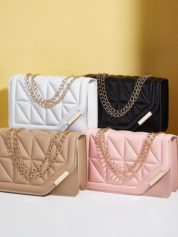 Quilted Crossbody Bag For Women PU Leather Rhombic Pattern Gold Chain Strap Small Square Shoulder Handbag Magnetic Lock
