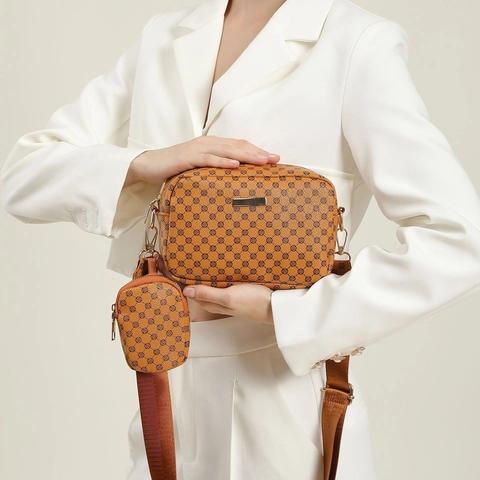 Women's Vintage Print Shoulder Bag Set PU Leather Crossbody Camera Bag With Small Round Pouch Large Capacity Daily Fashion Handbag