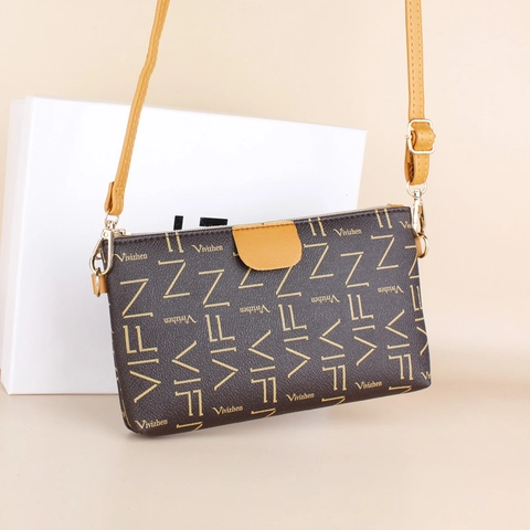 Women PU Leather Small Crossbody Bag Monogram Letter Print Cell Phone Purse Adjustable Strap Contrast Color Fashion