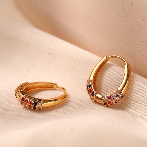 Orecchini A Cerchio Ovali Ottone Placcato Oro 18K Arcobaleno Zirconia Colorata Micro Pave Retro Lusso Per Donne