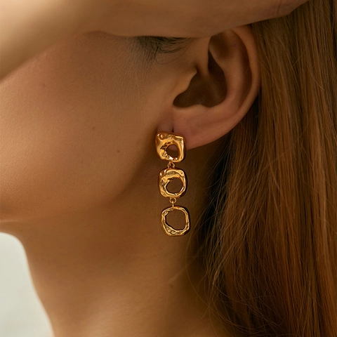 Irregular Geometric Hollow Hammered Texture Long Dangle Earrings Gold Color Copper With 925 Sterling Silver Earring Post