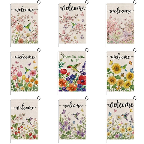 Double Sided Garden Flag Welcome Spring Hummingbird Butterfly Floral Rural Yard Outdoor Decoration Polyester Banner Enjoy The Little Things