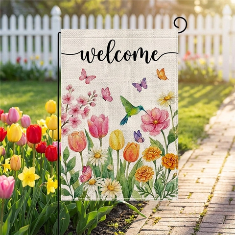 Double Sided Garden Flag Welcome Spring Hummingbird Butterfly Floral Rural Yard Outdoor Decoration Polyester Banner Enjoy The Little Things