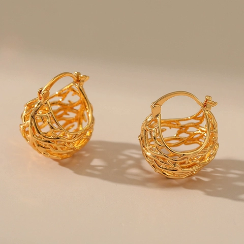 Retro Hollow Bird Nest Hoop Earrings Copper Gold Plated With 925 Sterling Silver Earring Post Artistic For Women