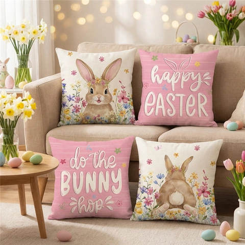 Easter Bunny Flower Wreath Decorative Pillowcase Linen Look Polyester Square Cushion Cover For Sofa Living Room Home Decor