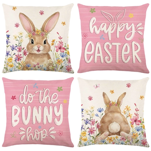 Easter Bunny Flower Wreath Decorative Pillowcase Linen Look Polyester Square Cushion Cover For Sofa Living Room Home Decor