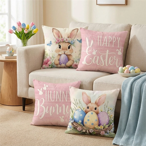 Easter Rabbit Egg Print Throw Pillow Cover Polyester Linen Look Decorative Cushion Case For Sofa Home Living Room Decor