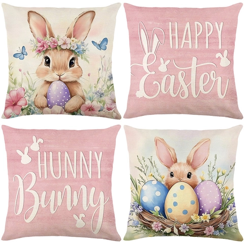 Easter Rabbit Egg Print Throw Pillow Cover Polyester Linen Look Decorative Cushion Case For Sofa Home Living Room Decor