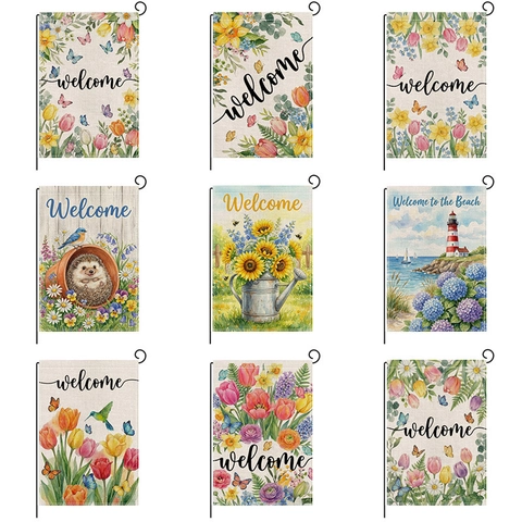 Bandiera Da Giardino Welcome Effetto Lino Doppio Lato Banner Esterno Fiori Riccio Decorazione Stagionale Casa