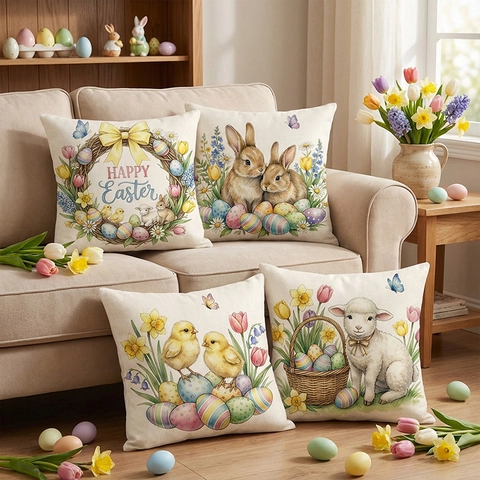 Oster Kissenbezug Happy Easter Hase Küken Lamm Muster Dekorativer Kissenbezug Für Wohnzimmer Sofa Heimdekoration