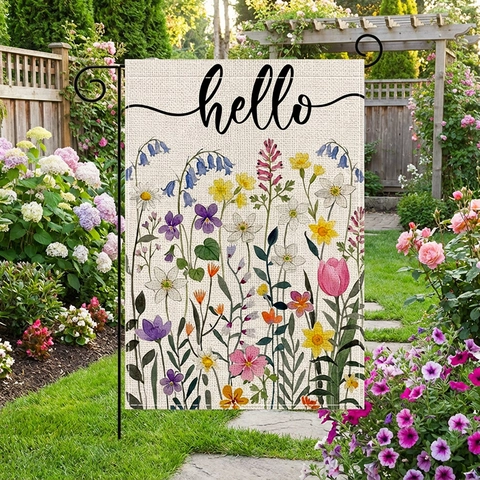 Bandiera da Giardino Pasquale Decorazione Esterna Fiori Primaverili Welcome Bandiera da Cortile Fronte-Retro Poliestere Effetto Lino