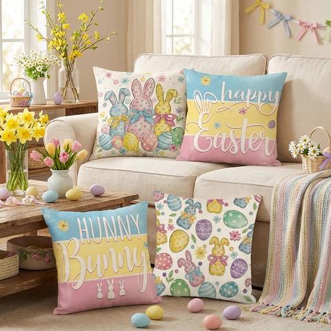 Easter Decorative Pillow Covers Polyester Linen Happy Easter Bunny Egg Print Cushion Case For Sofa Living Room Home Decor