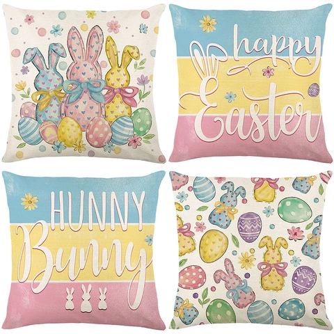 Easter Decorative Pillow Covers Polyester Linen Happy Easter Bunny Egg Print Cushion Case For Sofa Living Room Home Decor