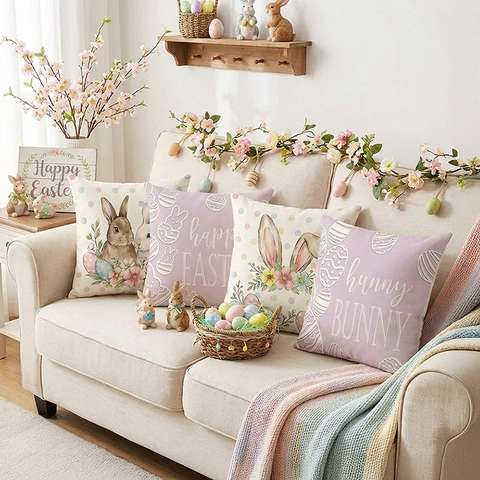 Easter Decorative Pillowcase Rabbit Easter Egg Floral Print Polyester Cushion Cover For Sofa Living Room Bedroom Home Decor