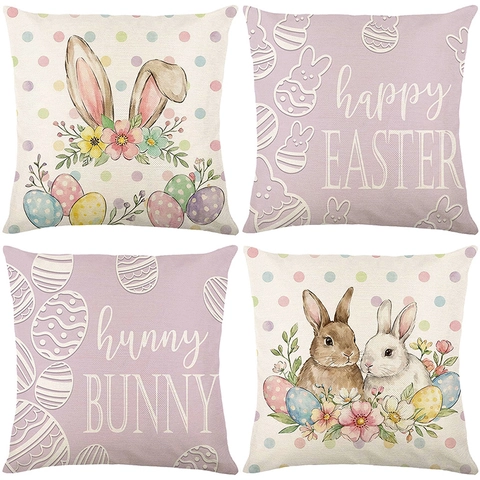 Easter Decorative Pillowcase Rabbit Easter Egg Floral Print Polyester Cushion Cover For Sofa Living Room Bedroom Home Decor