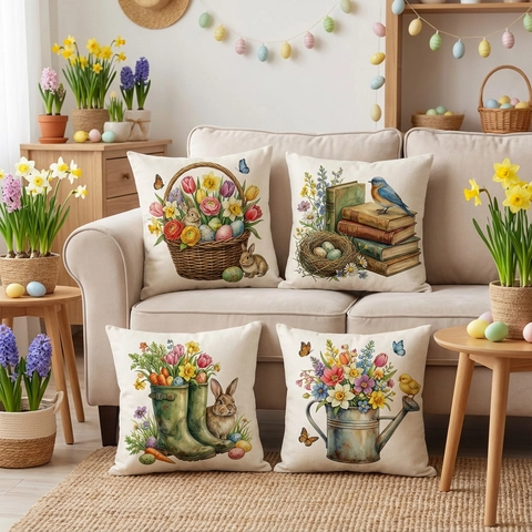 Federa Pasquale Con Coniglietto Vintage Stampa Floreale Acquerello Effetto Lino Poliestere Copricuscino Decorativo Per Divano Letto