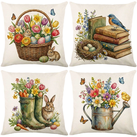 Federa Pasquale Con Coniglietto Vintage Stampa Floreale Acquerello Effetto Lino Poliestere Copricuscino Decorativo Per Divano Letto