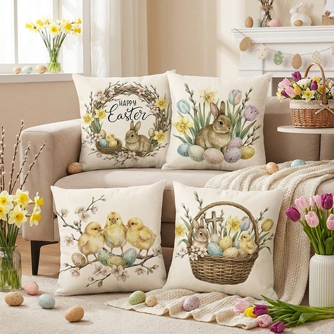 Easter Bunny Chick Egg Pattern Cushion Cover Watercolor Floral Nordic Style Decorative Throw Pillow Case For Sofa Home Decor