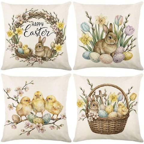 Easter Bunny Chick Egg Pattern Cushion Cover Watercolor Floral Nordic Style Decorative Throw Pillow Case For Sofa Home Decor