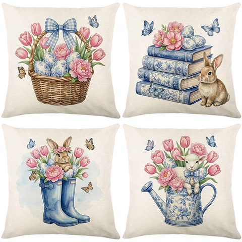 Fundas de Cojín Decorativas con Patrón Floral de Conejo de Pascua Poliéster Aspecto Lino para Sofá de Sala de Estar
