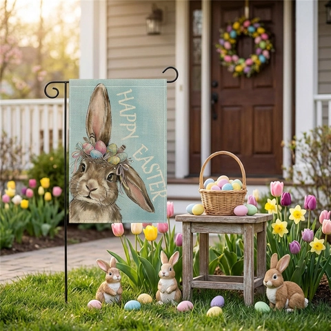 Bandera De Jardín De Pascua Lino Decoración Exterior Estampado Conejo Huevo Bienvenida Primavera Banner Accesorio
