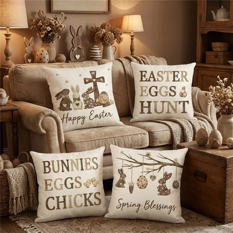 Easter Rabbit Egg Cross Linen Cushion Cover Rustic Decorative Square Pillowcase For Sofa Living Room Home Decor Happy Easter