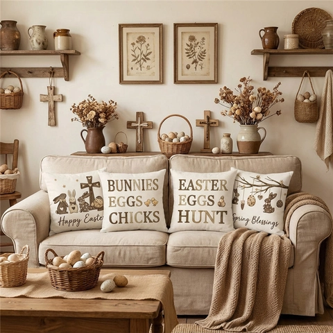 Easter Rabbit Egg Cross Linen Cushion Cover Rustic Decorative Square Pillowcase For Sofa Living Room Home Decor Happy Easter