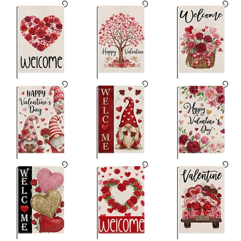 Bandera De Jardín De San Valentín Doble Cara Poliéster Efecto Lino Rosa Corazón Gnomo Decoración Exterior Cartel Bienvenido