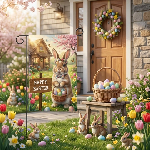 Bandiera da Giardino di Pasqua Poliestere Effetto Lino Fronte Retro Striscione per Feste All'aperto Decorazione Cortile Con Coniglio Uova Colorate