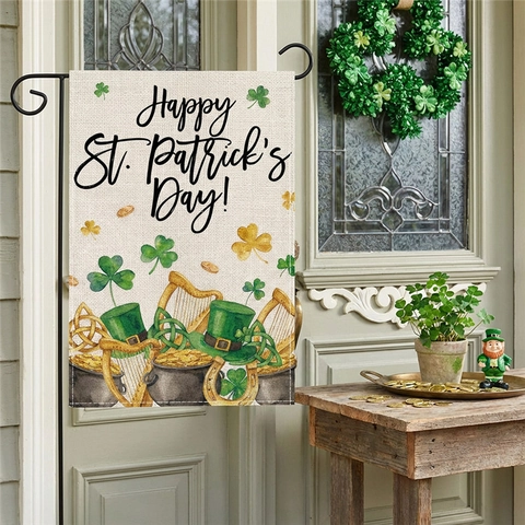 Drapeau De Jardin Saint-Patrick Trèfle Chance Irlandais Décoration Extérieure Tissu De Lin Polyester Impression Double Face
