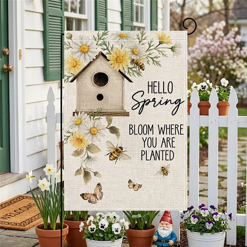 Gartenflagge Willkommen Outdoor Dekorative Leinentextur Polyester Hof Banner Frühling Blumen Floral Doppelseitig