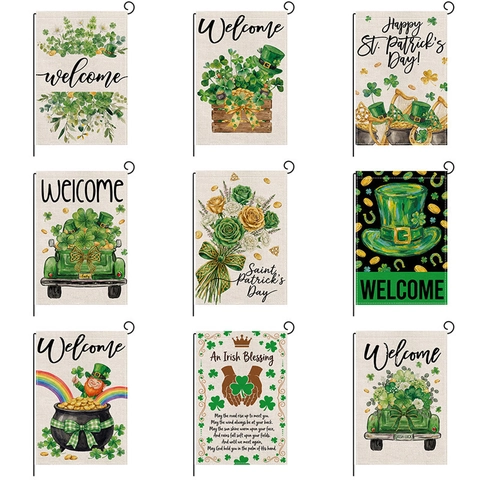 Drapeau De Jardin Saint-Patrick Trèfle Chance Irlandais Décoration Extérieure Tissu De Lin Polyester Impression Double Face