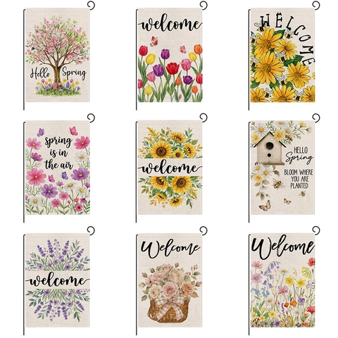 Gartenflagge Willkommen Outdoor Dekorative Leinentextur Polyester Hof Banner Frühling Blumen Floral Doppelseitig