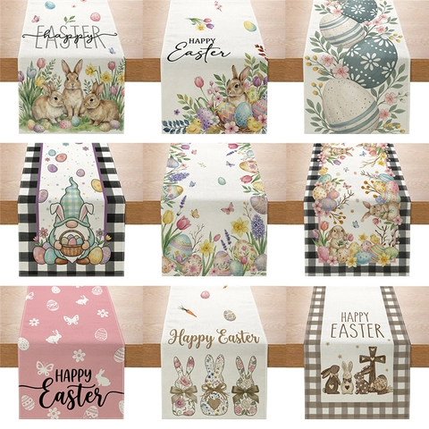 Chemin de Table de Pâques en Lin Imprimé Motif Lapin Oeuf Fleurs pour Cuisine Table à Manger Décoration de Fête