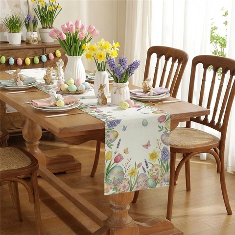 Chemin de Table de Pâques en Lin Imprimé Motif Lapin Oeuf Fleurs pour Cuisine Table à Manger Décoration de Fête