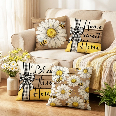 Fundas de Cojín Con Estampado de Margaritas Y Abejas Estilo Rústico Decorativas Para Sofá de Casa Sala de Estar