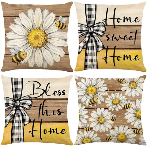 Fundas de Cojín Con Estampado de Margaritas Y Abejas Estilo Rústico Decorativas Para Sofá de Casa Sala de Estar
