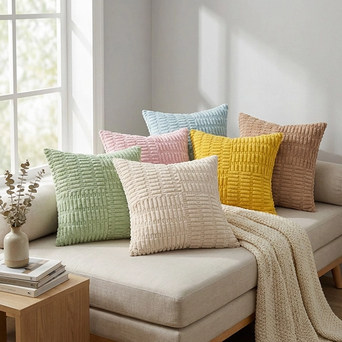Taie d'Oreiller Décorative en Velours Côtelé Doux 3D Rayé Carré Texturé Housse de Coussin Pour Canapé Salon Décoration Maison