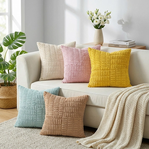 Taie d'Oreiller Décorative en Velours Côtelé Doux 3D Rayé Carré Texturé Housse de Coussin Pour Canapé Salon Décoration Maison