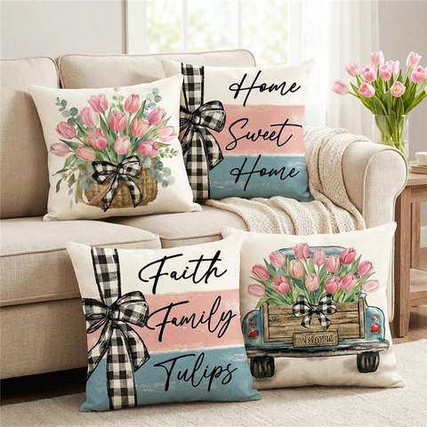 Tulpe Floral Kissenbezüge Leinen Ähnliches Polyester Bauernhaus Vintage LKW Kissenhülle Deko Unsichtbarer Reißverschluss