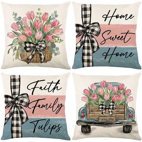 Tulpe Floral Kissenbezüge Leinen Ähnliches Polyester Bauernhaus Vintage LKW Kissenhülle Deko Unsichtbarer Reißverschluss
