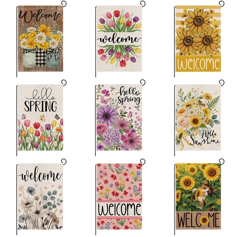 Drapeau de Jardin Bienvenue Recto Verso Polyester Aspect Lin Tournesol Chat Floral Décoration Extérieure pour Printemps Été