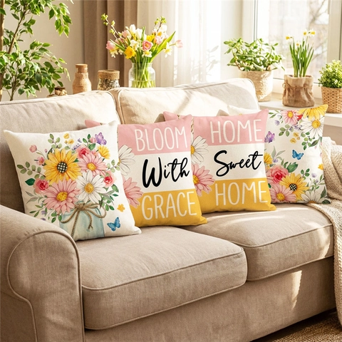 Floral Butterfly Letter Print Cushion Cover Decorative Polyester Square Pillowcase For Home Sofa Living Room Bedroom