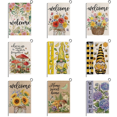 Double Sided Garden Flag Linen Texture Welcome Yard Decorative Banner Summer Floral Butterfly Gnome Outdoor Home Decor
