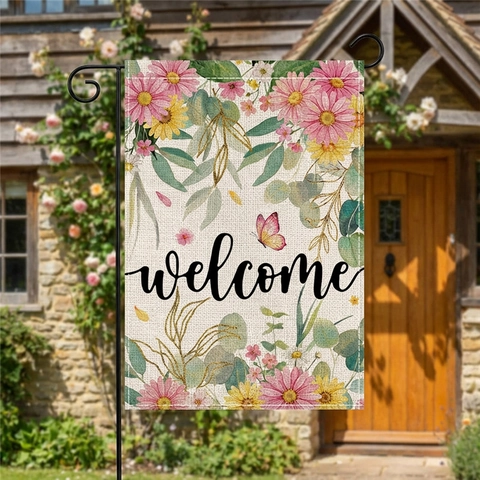 Double Sided Garden Flag Linen Texture Welcome Yard Decorative Banner Summer Floral Butterfly Gnome Outdoor Home Decor