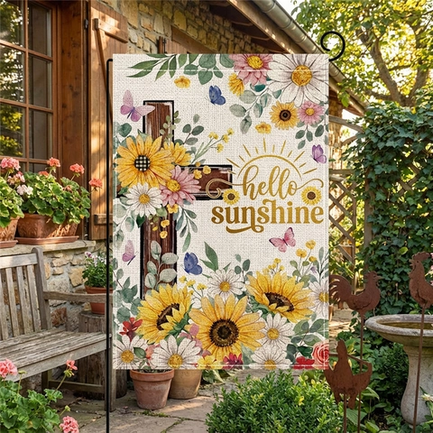 Double Sided Garden Flag Linen Look Polyester Sunflower Gnome Outdoor Yard Decoration Festive Banner For Spring Summer Decor