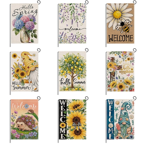 Double Sided Garden Flag Linen Look Polyester Sunflower Gnome Outdoor Yard Decoration Festive Banner For Spring Summer Decor