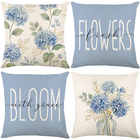 Housse De Coussin Taie D Oreiller Hortensia Bleu Imprimé Floral Lettre Texture Lin Décoratif Maison Canapé
